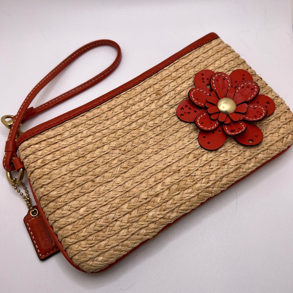 Coach Woven Straw and Coral Leather Wristlet with Flower